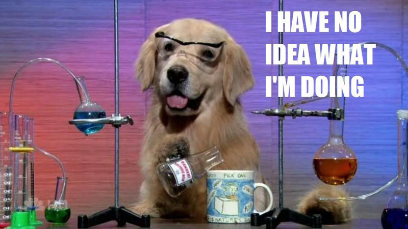 Dog in a lab and dressed as a chemist, with a caption above it saying "I have no idea what I'm doing"