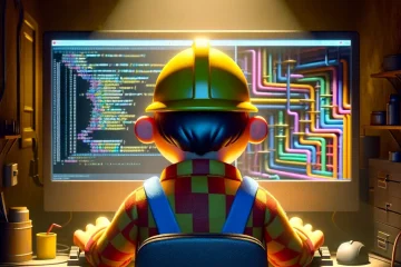 Image générée par IA représentant le personnage "Bob the Builder" devant un écran en train d'écrire des lignes de code.