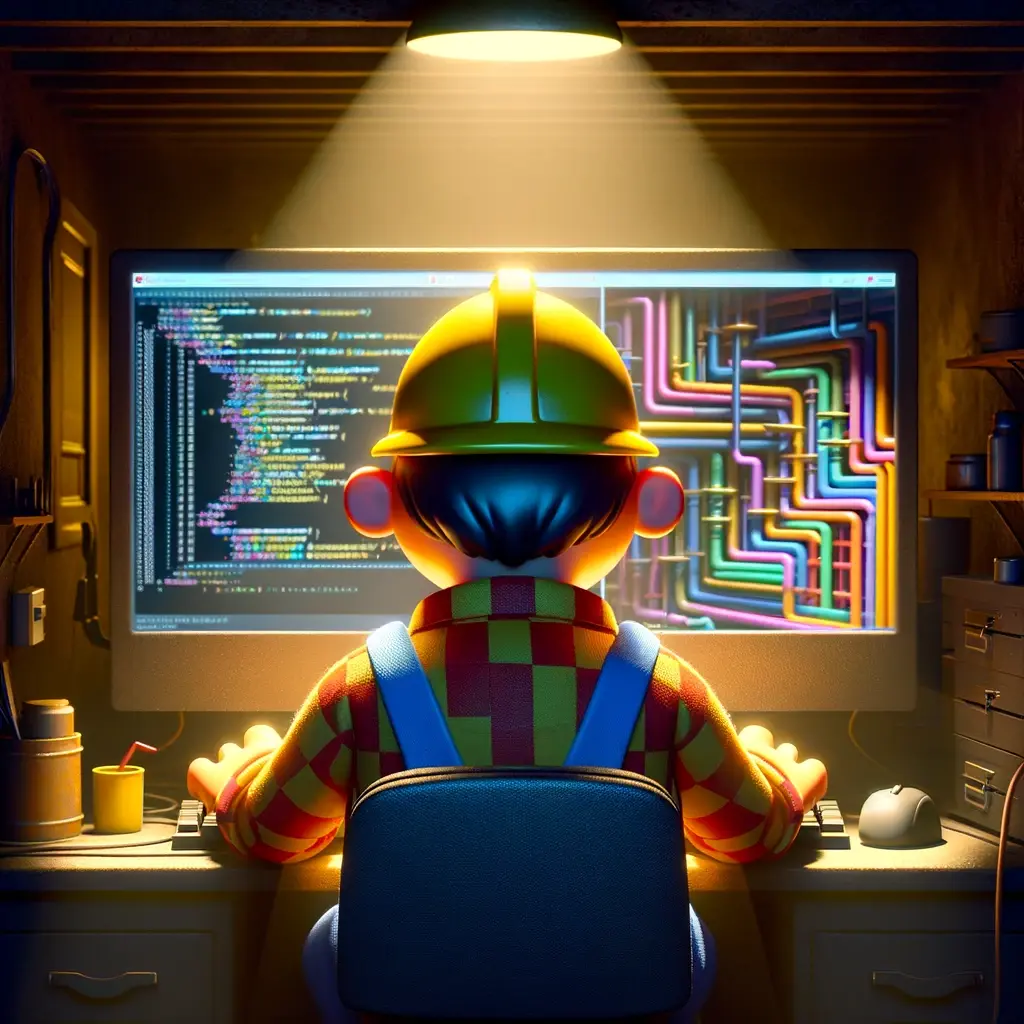 Image générée par IA représentant le personnage "Bob the Builder" devant un écran en train d'écrire des lignes de code. L'écran devant lui représente à gauche des lignes de code et à droite des tuyaux de diverses couleurs.