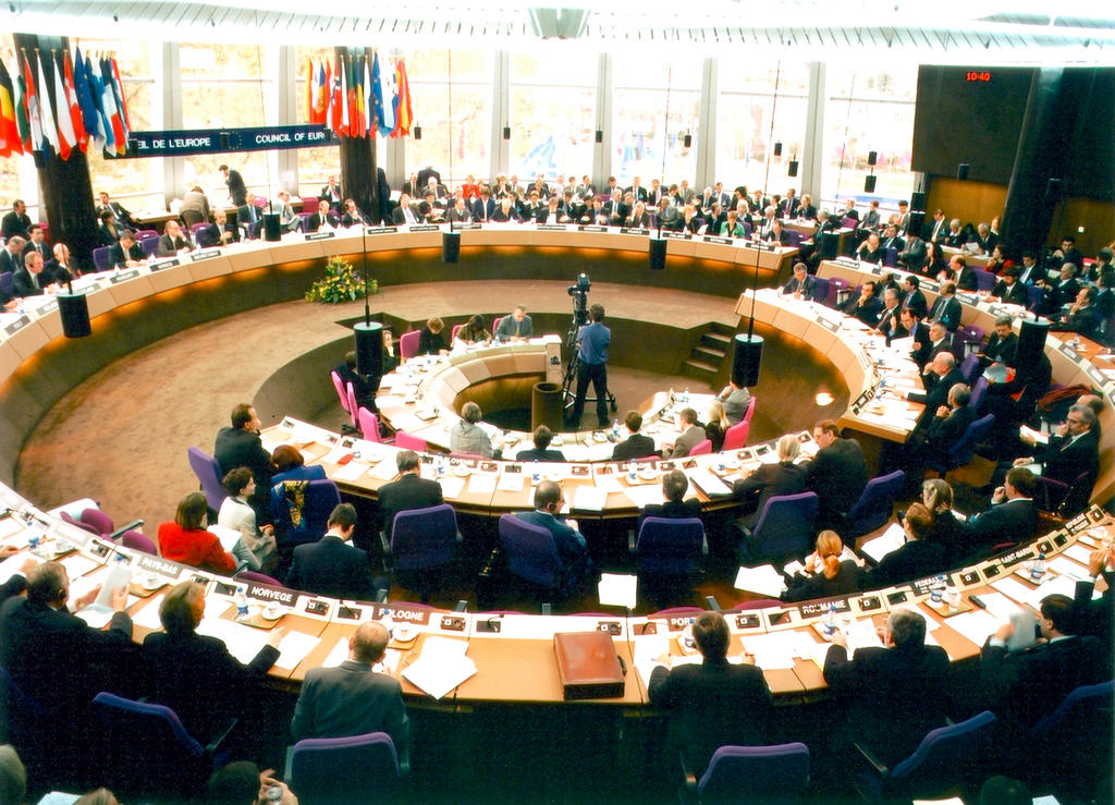 Photo plan large d'un conseil européen avec tous les membres. Plusieurs dizaines de personnes sont présentes et assises en cercles concentriques.