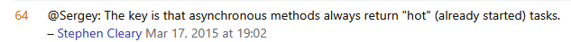 StackOverflow's comment by Stephen Cleary saying "The key is that asynchronous methods always return hot (already started) tasks."