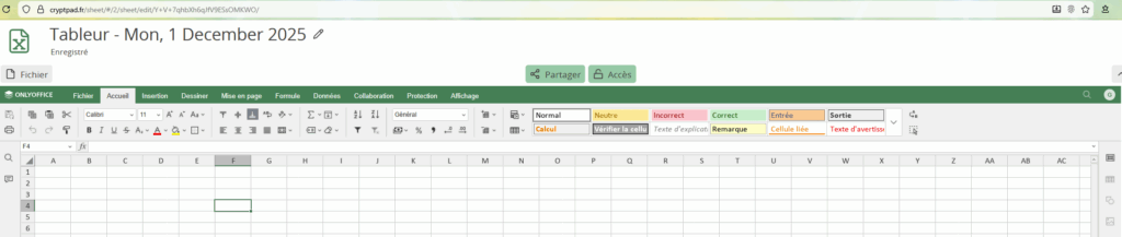 Exemple de tableur ouvert dans Cryptpad. L'interface est très similaire à Excel ou Google Spreadsheets et on remarque que la plupart des fonctionnalités sont là.