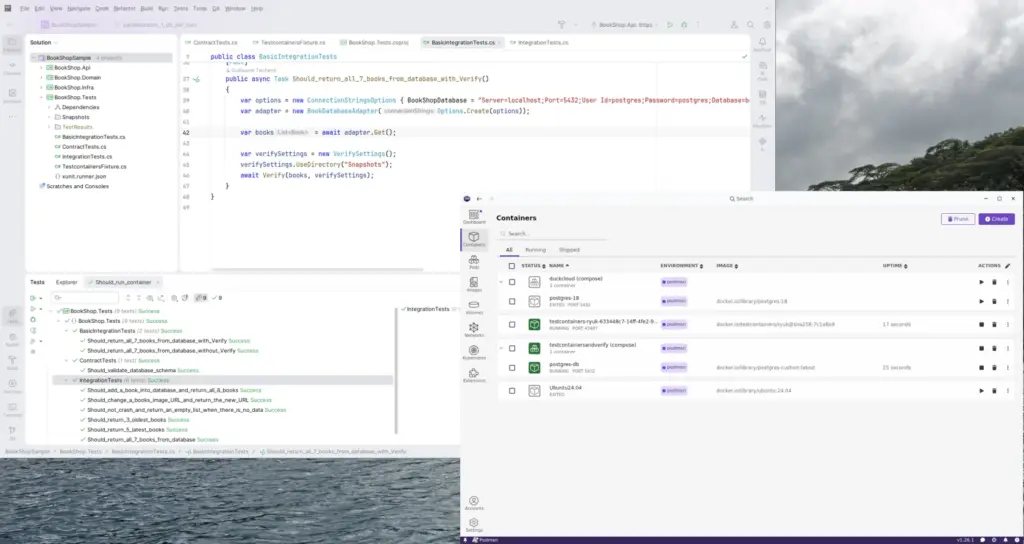 Screenshot de mon bureau montrant 2 fenêtres :
1) Rider où l'on peut notamment voir que les tests passent tous ;
2) Podman Desktop avec divers containers dont celui de Ryuk qui n'est pas encore détruit car les tests venaient juste de se terminer.
