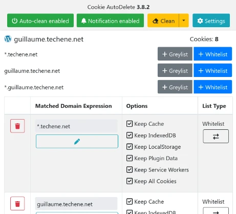 Exemple de configuration de Cookie AutoDelete sur un site particulier. On voit que j'ai autorisé les sites *.techene.net à poser des cookies.