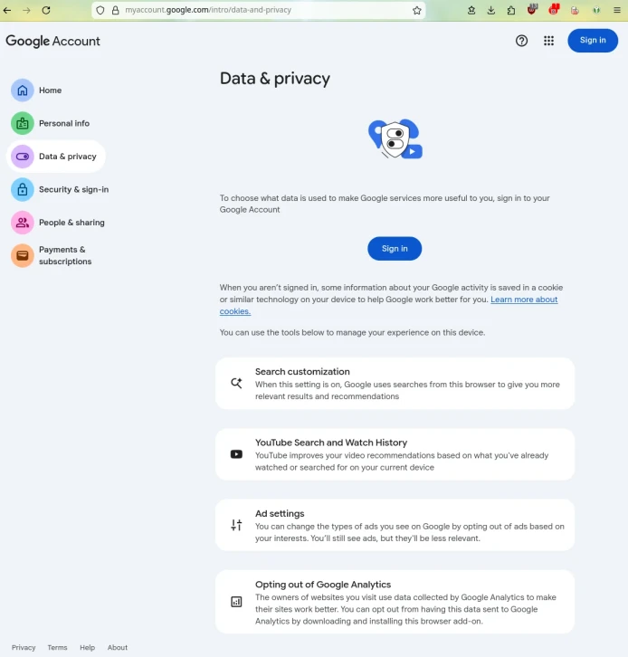 Capture d'écran de la page "Data & Privacy" de Google Account. On y voit notamment des sections "YouTube Search and Watch History" ou encore "Ad settings".