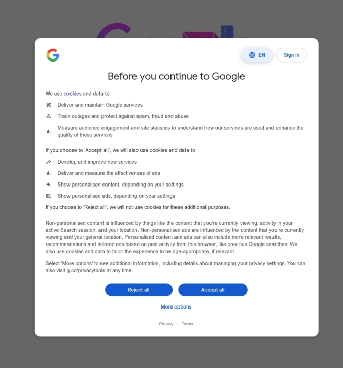 Bannière de cookies de Google lorsqu'on arrive sur le moteur de recherche pour la première fois. Cette bannière prend toute la place de la page.