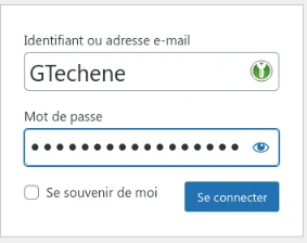 Exemple de remplissage automatique de mes identifiants dans une page web. Une icône ronde et verte représentant une clé blanche est une extension pour mon gestionnaire de mot de passe et permet d'aller piocher mes idenfiants dedans.