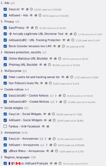 Liste des filtres que j'applique dans mon navigateur grâce à uBlock Origin. La plupart des options sont cochées, y compris et notamment la section "Annoyances" qui permet de filtrer la plupart des bannières pénibles. Idem pour la section "Cookie notice".