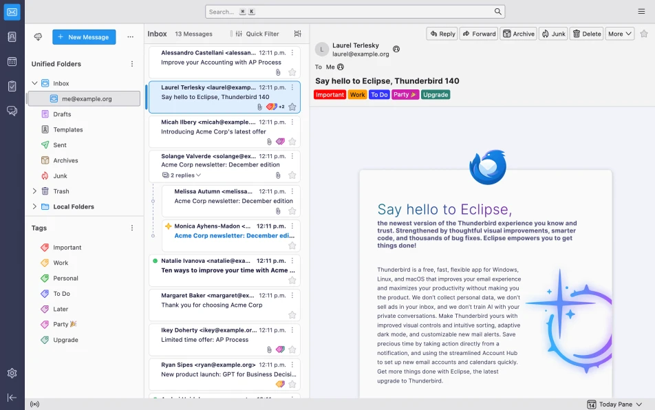 Écran présentant l'interface de Thunderbird : boîtes mails et dossiers sur la gauche, liste des messages au centre, affichage du contenu du message sélectionné sur le droite (environ 50% de l'écran).
